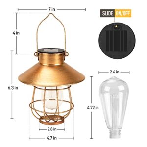 Solar Light Outdoor, 2 Pack Retro Metal Wireless Hanging Solar Lanterns with Warm White Edison Bulb Waterproof for Gazebo Garden Yard Farmhouse Decor (Bronze)