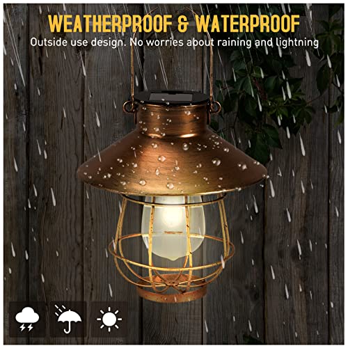 Solar Light Outdoor, 2 Pack Retro Metal Wireless Hanging Solar Lanterns with Warm White Edison Bulb Waterproof for Gazebo Garden Yard Farmhouse Decor (Bronze)