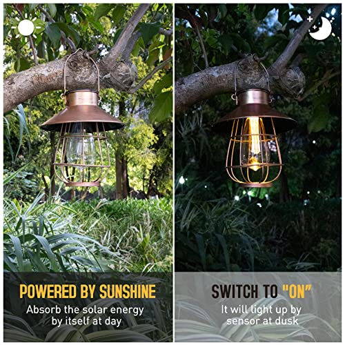 Solar Light Outdoor, 2 Pack Retro Metal Wireless Hanging Solar Lanterns with Warm White Edison Bulb Waterproof for Gazebo Garden Yard Farmhouse Decor (Bronze)