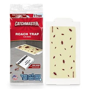 cockroach glue trap by catchmaster – 6 count, ready to use indoors. spider scorpion insect bug trap sticky adhesive long-lasting print design fold-able poison-free non-toxic – made in the usa