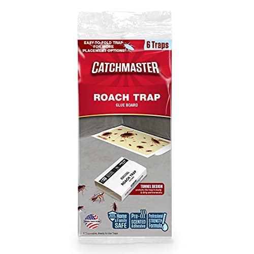 Cockroach Glue Trap by Catchmaster - 6 Count, Ready to Use Indoors. Spider Scorpion Insect Bug Trap Sticky Adhesive Long-Lasting Print Design Fold-able Poison-Free Non-Toxic - Made in The USA