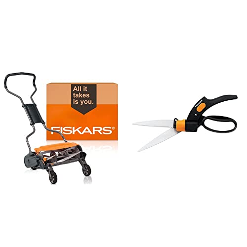 Fiskars 362050-1001 StaySharp Max Reel Push Lawn Mower, Eco Friendly, 18” Cut Width, 18 Inch, Black & 92146964J Garden, Shear Ease 360 Degree Swivel Grass Trimmer, Black