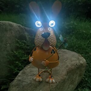 GDF Garden Dog Statues with Solar LED Lights, Luminous Eyes, Metal Yard Decor, Outdoor Whimsical Figurine Lighted Outdoor Decorations for Garden,Lawn,Porch