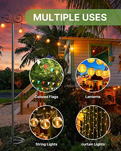 Outdoor String Light Poles 2 Pack, 9 FT Light Poles for Hanging Outside String Lights with Hooks, Adjustable Metal String Light Pole for Patio Fence Backyard Deck Garden Bistro Christmas Wedding