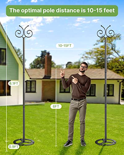 Outdoor String Light Poles 2 Pack, 9 FT Light Poles for Hanging Outside String Lights with Hooks, Adjustable Metal String Light Pole for Patio Fence Backyard Deck Garden Bistro Christmas Wedding