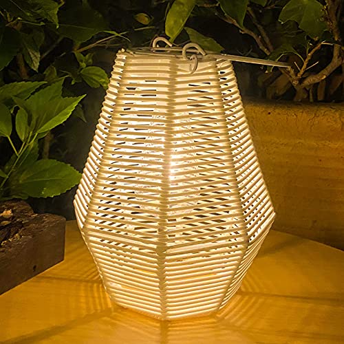 Outdoor Solar Lantern Hanging Decorative Solar Rattan White Lanterns with Handle Large Solar Table Lamp Waterproof for Patio Garden Wedding Home Decor