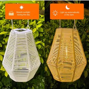 Outdoor Solar Lantern Hanging Decorative Solar Rattan White Lanterns with Handle Large Solar Table Lamp Waterproof for Patio Garden Wedding Home Decor