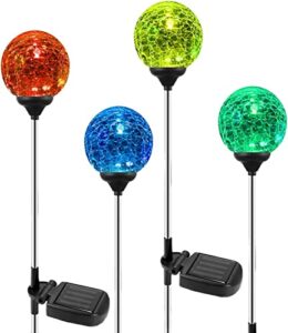 solar outdoor lights – 4 pack crystal glass led solar garden globe lights, color-changing solar stake lights auto on/off, solar pathway lights for landscape patio yard walkway christmas decoration