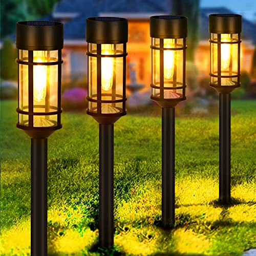 Mancra 8 Pack Solar Pathway Lights, IP 65 Waterproof Glass Stainless Steel Solar Outdoor Lights, Updated LED Tungsten Filament Bulb Solar Garden Lights for Yard, Lawn, Walkway, Driveway, 3000K