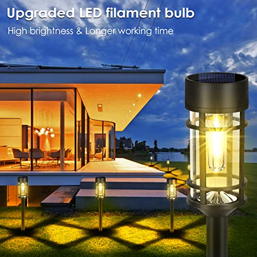 Mancra 8 Pack Solar Pathway Lights, IP 65 Waterproof Glass Stainless Steel Solar Outdoor Lights, Updated LED Tungsten Filament Bulb Solar Garden Lights for Yard, Lawn, Walkway, Driveway, 3000K