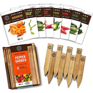 pepper seeds for garden planting – 8 non-gmo heirloom pepper seed packets, wood gift box & plant markers, diy home gardening gifts for plant lovers