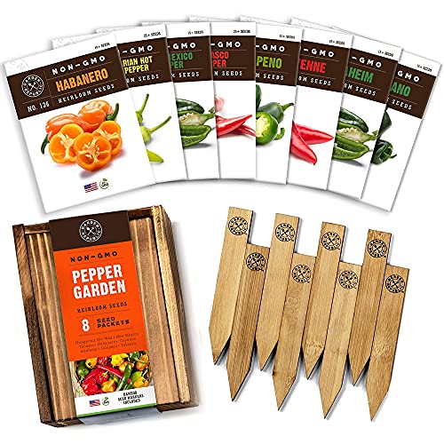 Pepper Seeds for Garden Planting - 8 Non-GMO Heirloom Pepper Seed Packets, Wood Gift Box & Plant Markers, DIY Home Gardening Gifts for Plant Lovers