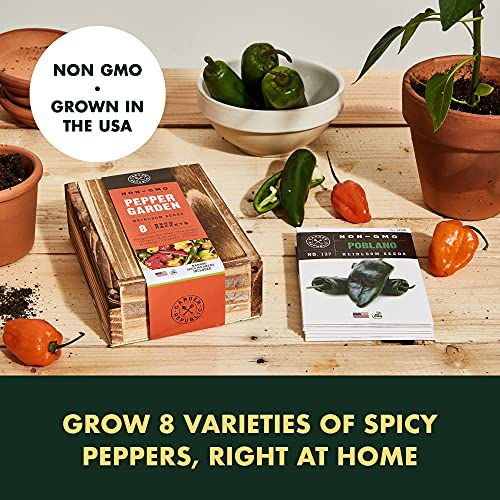 Pepper Seeds for Garden Planting - 8 Non-GMO Heirloom Pepper Seed Packets, Wood Gift Box & Plant Markers, DIY Home Gardening Gifts for Plant Lovers