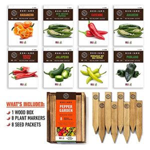 Pepper Seeds for Garden Planting - 8 Non-GMO Heirloom Pepper Seed Packets, Wood Gift Box & Plant Markers, DIY Home Gardening Gifts for Plant Lovers