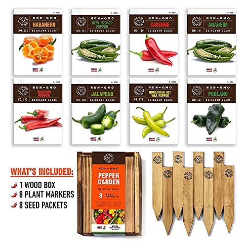 Pepper Seeds for Garden Planting - 8 Non-GMO Heirloom Pepper Seed Packets, Wood Gift Box & Plant Markers, DIY Home Gardening Gifts for Plant Lovers