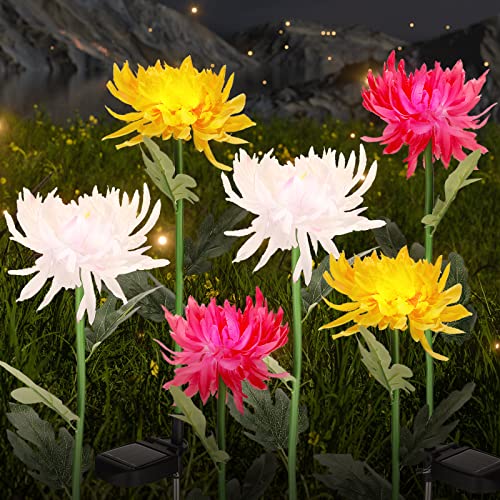 Funtery 6 Pcs Garden Outdoor Solar Stake Lights Chrysanthemum Lights Waterproof Decorative LED Solar Flower Lights Patio Lawn Pathway Walkway Decoration, Yellow, Red, White