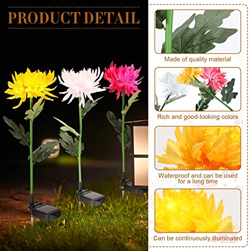 Funtery 6 Pcs Garden Outdoor Solar Stake Lights Chrysanthemum Lights Waterproof Decorative LED Solar Flower Lights Patio Lawn Pathway Walkway Decoration, Yellow, Red, White