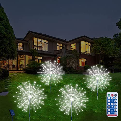 Solar Fireworks Lights Outdoor Waterproof,4 Pack Solar Garden Lights Outdoor 8 Lighting Modes with Remote Control , 480 LED DIY Starburst Fairy Lights for Patio Christmas Party Yard Decorative