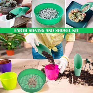 LNQ LUNIQ 4Pcs Round Garden Soil Sieve Tray Sand Sifter with Cylinder Shovels for Small Gravel, Soil, Sand Sieving Work