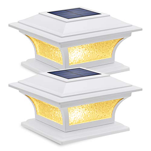 SIEDiNLAR Solar Post Lights Outdoor Glass LED Fence Cap Light 2 Modes for 4x4 5x5 6x6 Posts Patio Deck Garden Decoration Warm White/Cool White Lighting White (2 Pack)