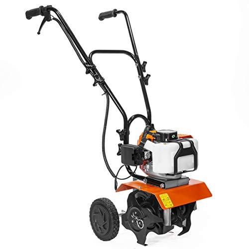 XtremepowerUS Commercial 55CC Tiller Cultivator 2-Cycle Gas Powered Garden Yard Grass Walk Behind Soil Prep Root Dirt with Handle