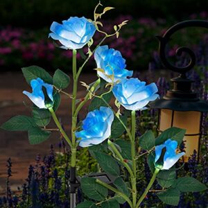 forup 2 pack solar garden stake lights, outdoor solar rose flower lights with 6 rose flowers, led rose solar powered lights for patio, lawn, garden, yard decoration, blue