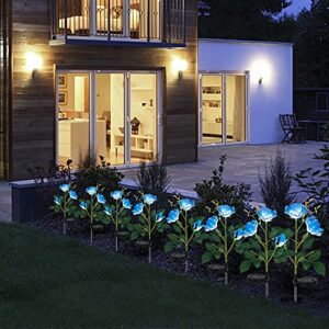 FORUP 2 Pack Solar Garden Stake Lights, Outdoor Solar Rose Flower Lights with 6 Rose Flowers, LED Rose Solar Powered Lights for Patio, Lawn, Garden, Yard Decoration, Blue