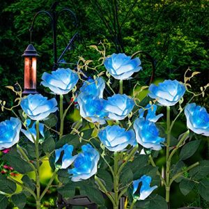 FORUP 2 Pack Solar Garden Stake Lights, Outdoor Solar Rose Flower Lights with 6 Rose Flowers, LED Rose Solar Powered Lights for Patio, Lawn, Garden, Yard Decoration, Blue