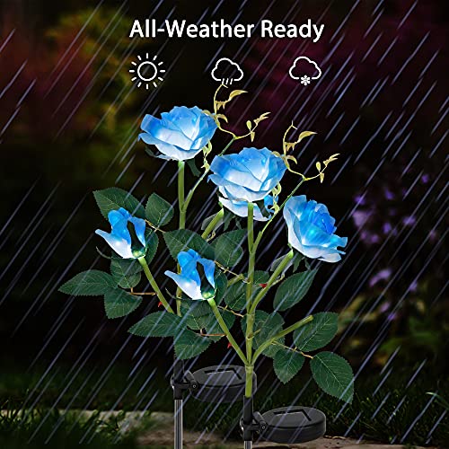 FORUP 2 Pack Solar Garden Stake Lights, Outdoor Solar Rose Flower Lights with 6 Rose Flowers, LED Rose Solar Powered Lights for Patio, Lawn, Garden, Yard Decoration, Blue