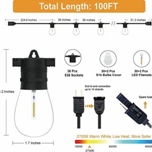 ZOTOYI Outdoor String Lights Patio Light 100 ft, LED Dimmable Lighting S14 LED Outdoor Lights with 30+2 Plastic Bulbs, Waterproof for Outside Cafe Balcony Backyard Bistro Garden Patio Porch