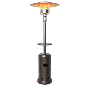 costway patio heater, 48000 btu propane heater with drink shelf tabletop, simple ignition system, base reservoir and wheels, standing outdoor space heater for patio, garden and backyard (copper)