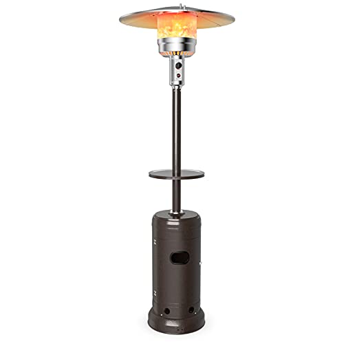 COSTWAY Patio Heater, 48000 BTU Propane Heater with Drink Shelf Tabletop, Simple Ignition System, Base Reservoir and Wheels, Standing Outdoor Space Heater for Patio, Garden and Backyard (Copper)