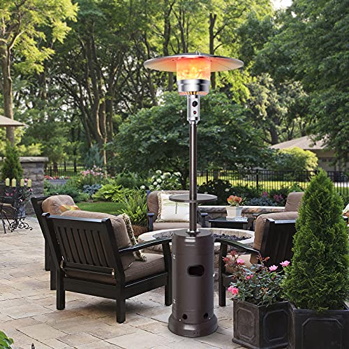 COSTWAY Patio Heater, 48000 BTU Propane Heater with Drink Shelf Tabletop, Simple Ignition System, Base Reservoir and Wheels, Standing Outdoor Space Heater for Patio, Garden and Backyard (Copper)