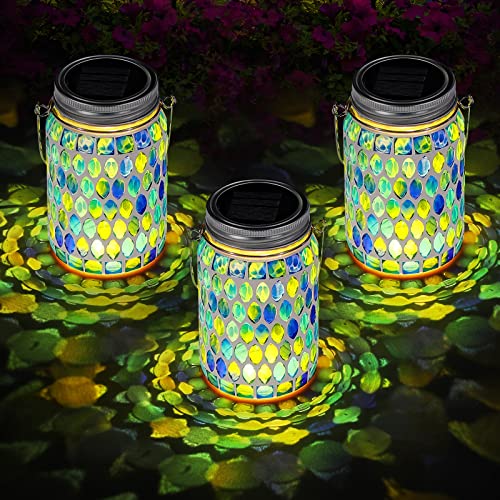 3 Pieces Solar Powered Mosaic Lights, Outdoor Hanging Solar Lantern Lamp Waterproof Table Lamp Mosaic Night Light for Tree, Garden, Patio, Party, Yard, Outdoor, Indoor Decorations (Blue)