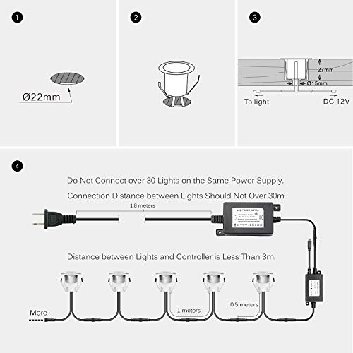 Pack of 10 QACA LED Deck Light Kit 0.1W-0.3W Low Voltage RGB Outdoor Lighting 6Lum IP67 Waterproof Outdoor Step Stairs Garden Yard Patio Landscape Decor Lighting