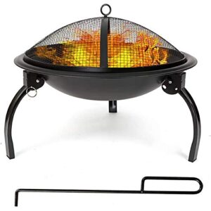 portable outdoor fire pit bowl, round wood burning fire pit with spark screen, fireplace poker, for outside garden picnic, black