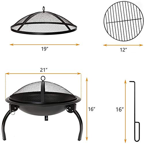 Portable Outdoor Fire Pit Bowl, Round Wood Burning Fire Pit with Spark Screen, Fireplace Poker, for Outside Garden Picnic, Black