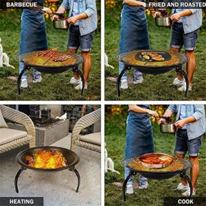 Portable Outdoor Fire Pit Bowl, Round Wood Burning Fire Pit with Spark Screen, Fireplace Poker, for Outside Garden Picnic, Black