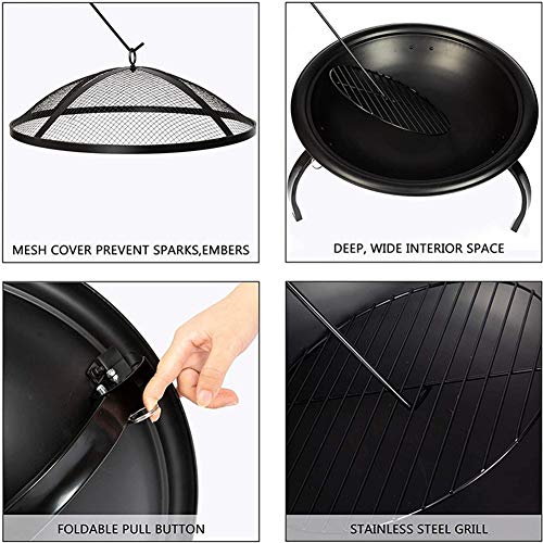 Portable Outdoor Fire Pit Bowl, Round Wood Burning Fire Pit with Spark Screen, Fireplace Poker, for Outside Garden Picnic, Black