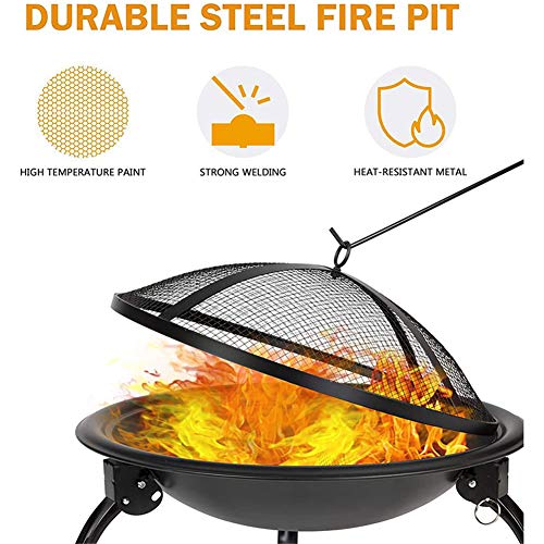 Portable Outdoor Fire Pit Bowl, Round Wood Burning Fire Pit with Spark Screen, Fireplace Poker, for Outside Garden Picnic, Black