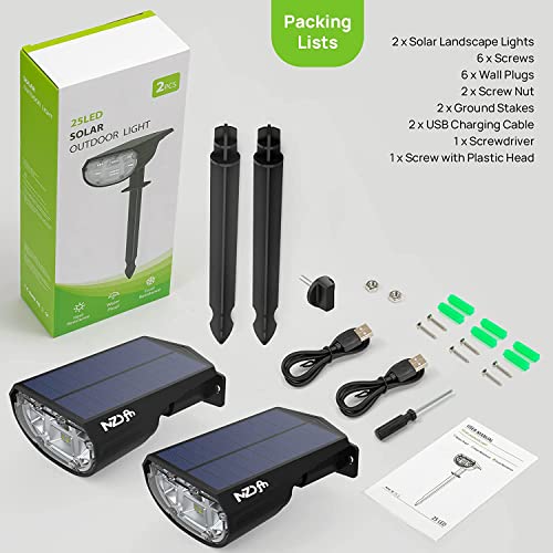 NZDFH Solar Spot Lights Outdoor, IP68 Waterproof Solar Landscape Spotlights,3 Modes Outdoor Solar Garden Lights, USB & Solar Powered Wall Lights Dark Sensing Auto On/Off for Yard Porch 2 Pack