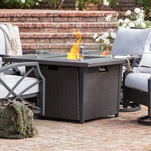mazatzal 42in square lightweight aluminum propane fire table 50,000 btu outdoor patio fire pit table gas firepit table with lid, wind guard and weather cover for outside garden backyard (grey)