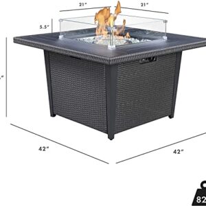 Mazatzal 42IN Square Lightweight Aluminum Propane Fire Table 50,000 BTU Outdoor Patio Fire Pit Table Gas Firepit Table with Lid, Wind Guard and Weather Cover for Outside Garden Backyard (Grey)