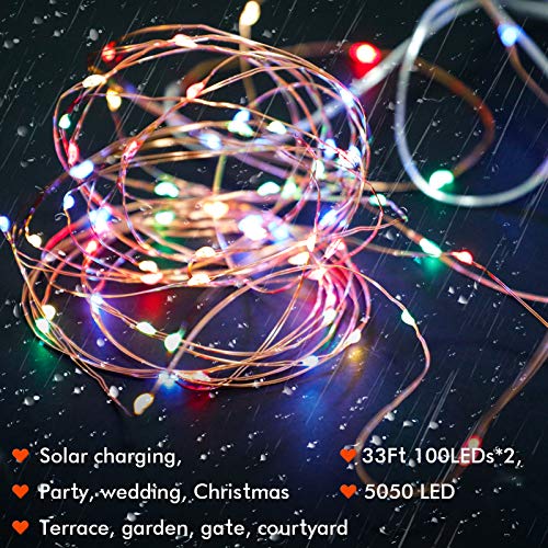 Solar String Lights Outdoor, 2-Pack 33ft 100 LED 8 Modes Waterproof Solar Powered String Lights,Solar Fairy Lights for Valentine's Day Patio Tree Garden Wedding Party Yard Decoration(Multicolor)