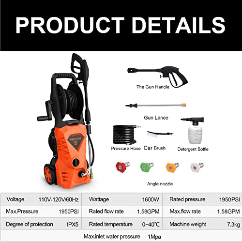 WHOLESUN WS 3000 Electric Pressure Washer 1.58GPM Power Washer 1600W High-Pressure Cleaner Machine with 4 Nozzles Foam Cannon for Cars, Homes, Driveways, Patios (Orange)