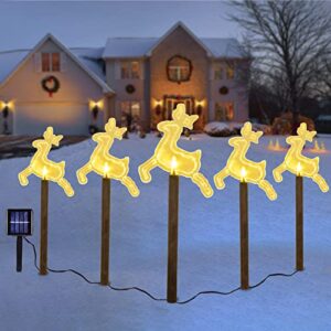 christmas decorations, 5 pack solar christmas stake lights, outdoor solar christmas lights waterproof, pathway marker lights for christmas garden decor for lawn patio yard decoration (reindeer)