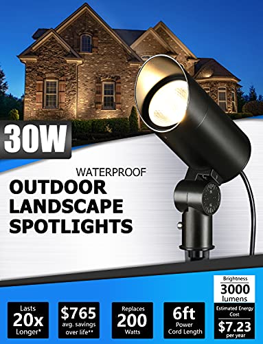 SUNVIE 30W Outdoor LED Spotlight 120V Waterproof Landscape Spotlights 3000LM Ultra Bright Spot Lights Outdoor 3000K Warm White Landscape Lights with 6 FT Cord for Flag Pole Tree Yard Path Garden Decor