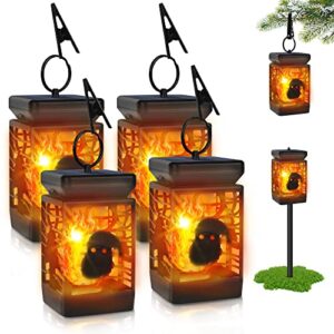 4 pack solar outdoor lights, aounq 2 in 1 flickering flame solar hanging lanterns outdoor christmas decorations, solar christmas lights outdoor waterproof led flame lights for garden patio yard decor