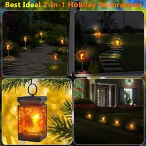 4 Pack Solar Outdoor Lights, AOUNQ 2 in 1 Flickering Flame Solar Hanging Lanterns Outdoor Christmas Decorations, Solar Christmas Lights Outdoor Waterproof LED Flame Lights for Garden Patio Yard Decor