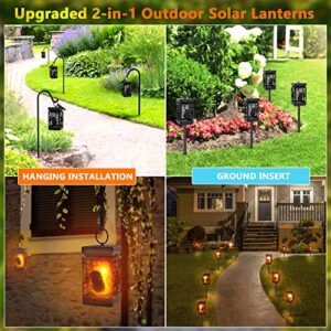 4 Pack Solar Outdoor Lights, AOUNQ 2 in 1 Flickering Flame Solar Hanging Lanterns Outdoor Christmas Decorations, Solar Christmas Lights Outdoor Waterproof LED Flame Lights for Garden Patio Yard Decor